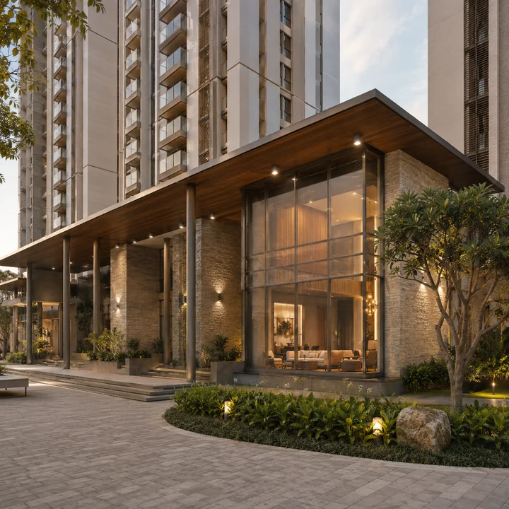 Modern Spaaces Sarjapur Road indicative arrival pavilion at a tower base with a timber-soffit porte-cochere and double-height glazed lounge