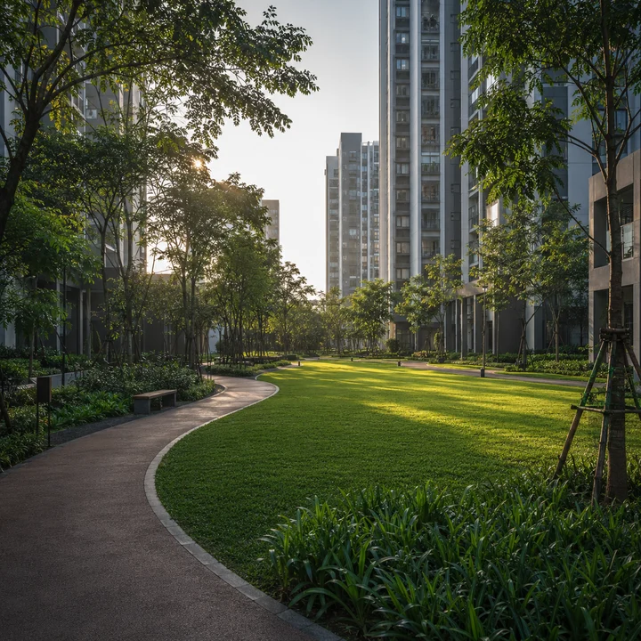 Modern Spaaces Sarjapur Road indicative evening view along a curving footpath beside the central lawn between residential blocks