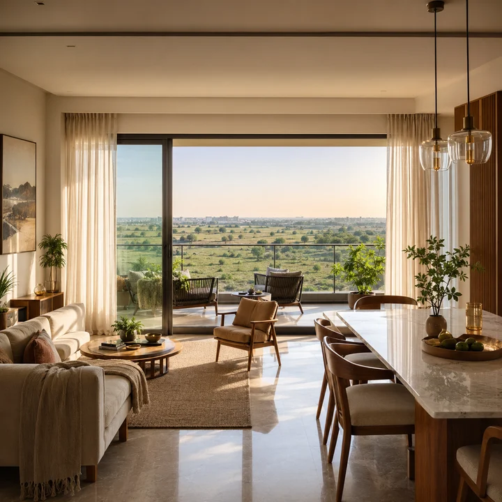 Modern Spaaces Sarjapur Road indicative apartment interior at golden hour with sliding doors onto a balcony