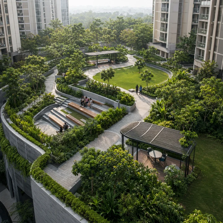 Modern Spaaces Sarjapur Road indicative landscaped podium deck with a circular lawn, stepped timber seating and pergolas