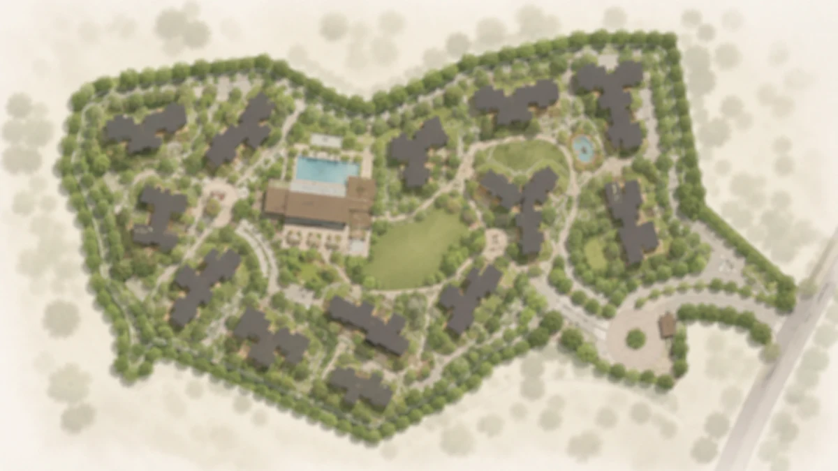 Modern Spaaces Sarjapur Road indicative master plan across the filed 7.60 acres at Sy. Nos. 18 and 19, showing the perimeter tree belt, loop road and central clubhouse